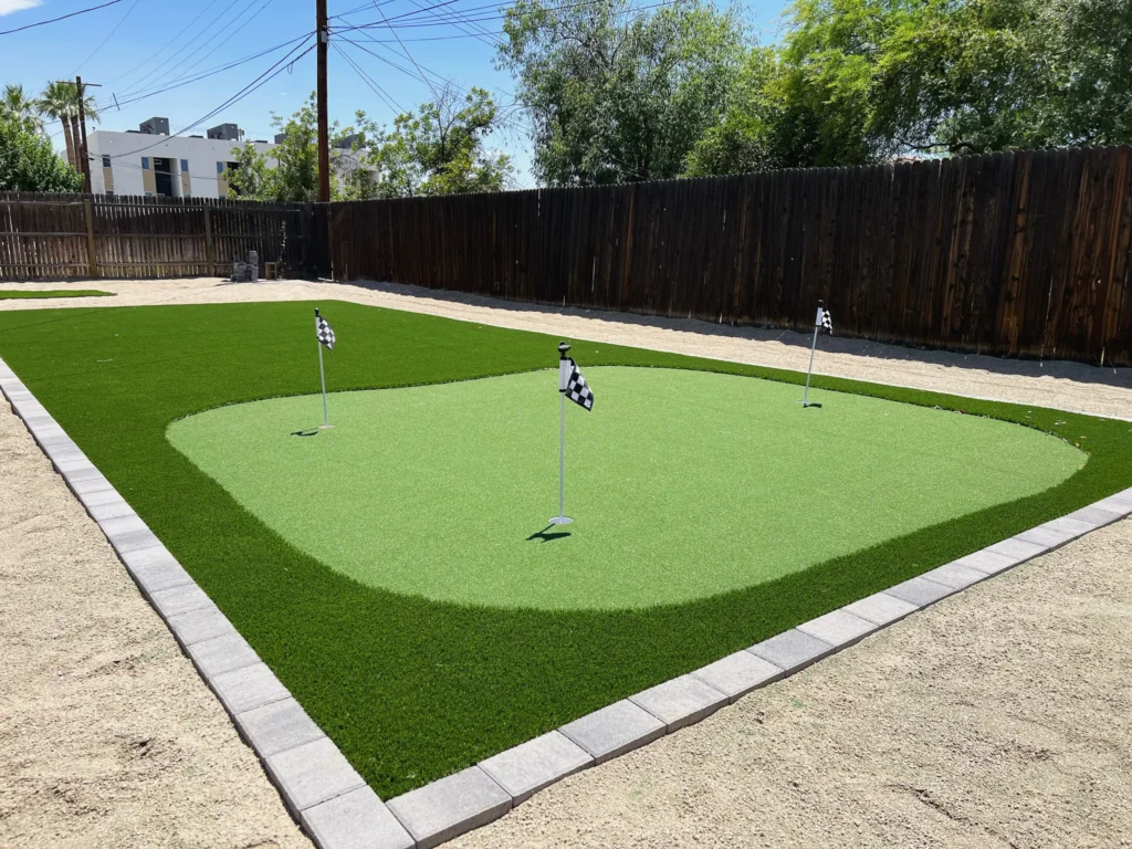 A backyard putting green with artificial turf is surrounded by a brick border. It features three holes with checkered flags. A wooden fence and trees are in the background under a clear blue sky.