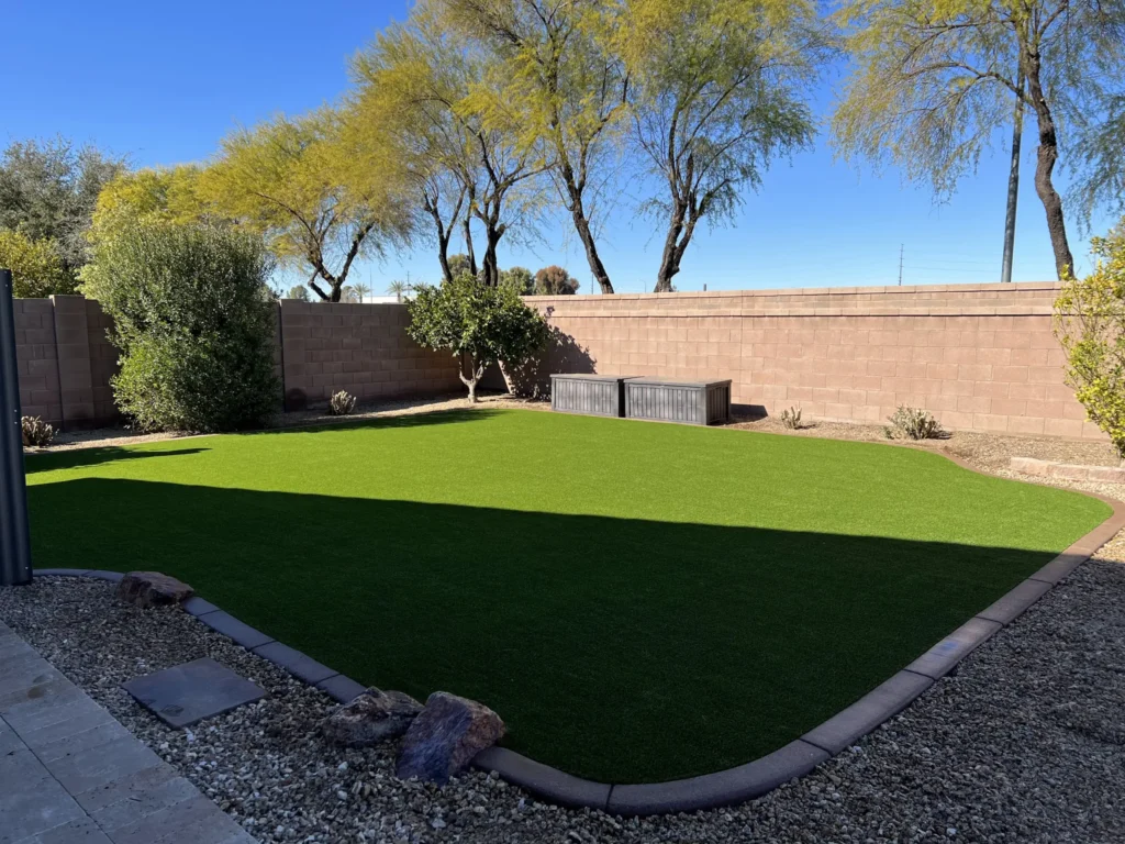 A backyard with a neatly trimmed rectangular lawn surrounded by stones. Tall trees with yellow-green leaves stand near a brick wall at the back. A bench is placed against the wall, and the sky is clear and blue.