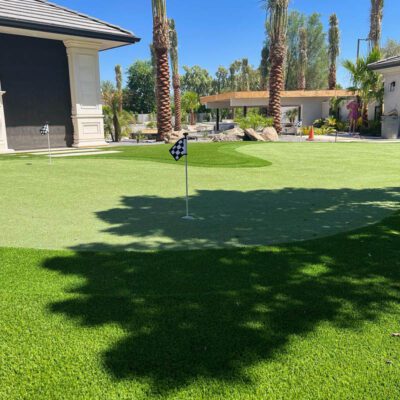 A small backyard putting green, crafted by Chandler's Putting Green Experts, features two checkered flags. The scene boasts a well-trimmed, lush lawn, framed by tall palm trees and a sleek white and black building under a clear blue sky.